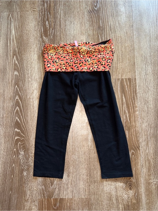 None Pants - Vintage Y2K  Black Leggings with Orange Leopard Fold-Over Waistband